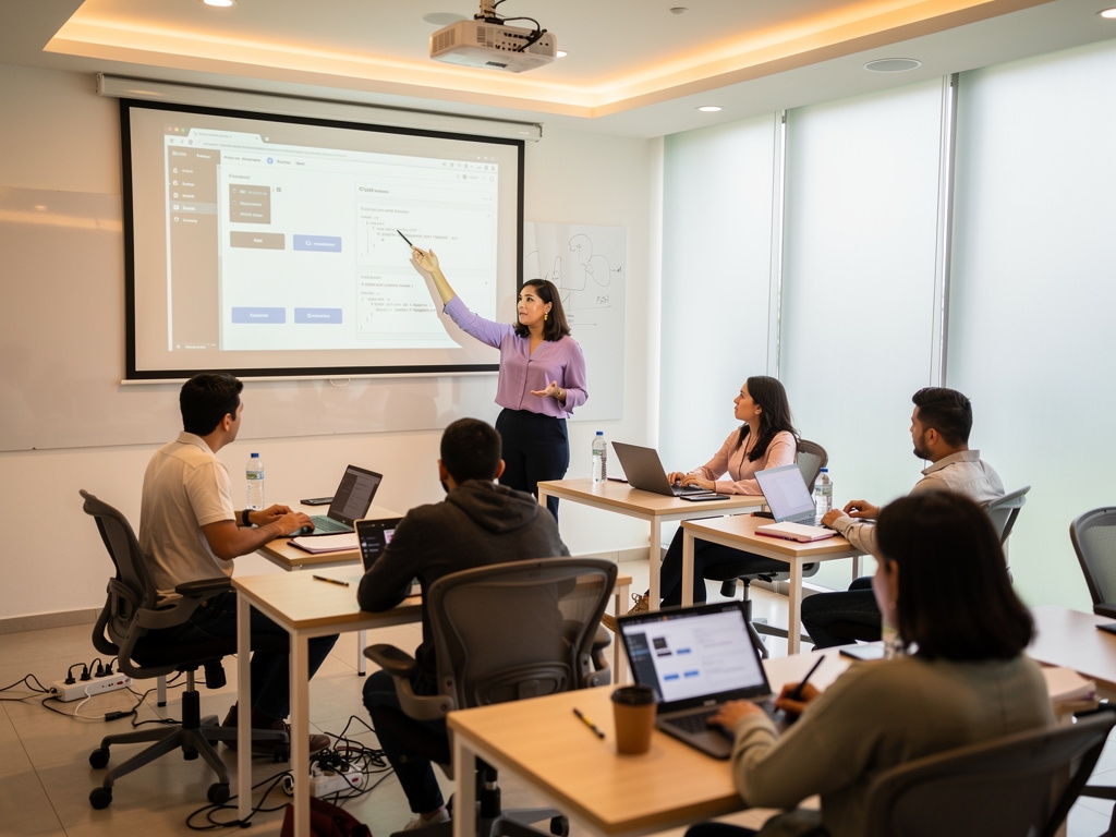 Participantes en taller presencial de automatización en sala de trabajo moderna