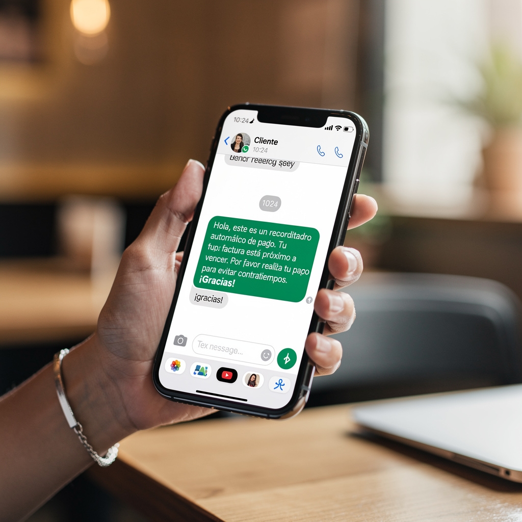 Teléfono mostrando mensaje de recordatorio de pago enviado por WhatsApp Business